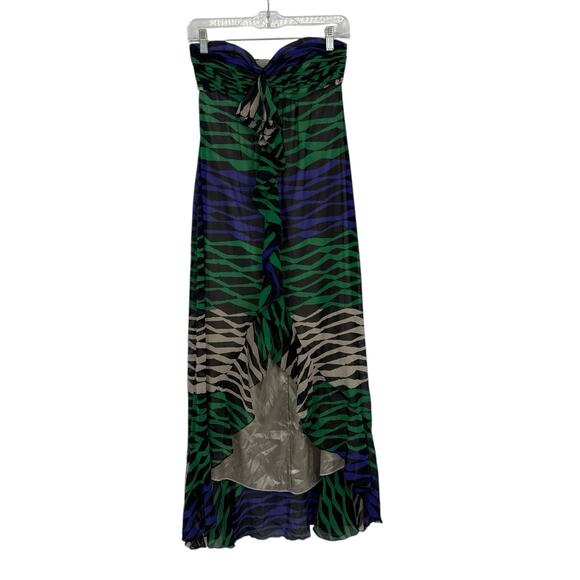 BCBGMAXAZRIA Silk Strapless Hi Low Maxi Dress Size 0 Colorful Stripes Ruffled - Picture 1 of 10